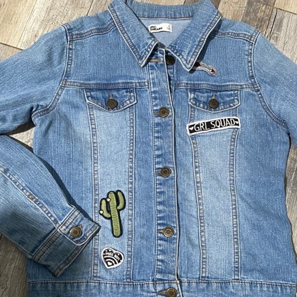 Epic Threads Light Blue Denim Jacket with Cactus and Text Patches